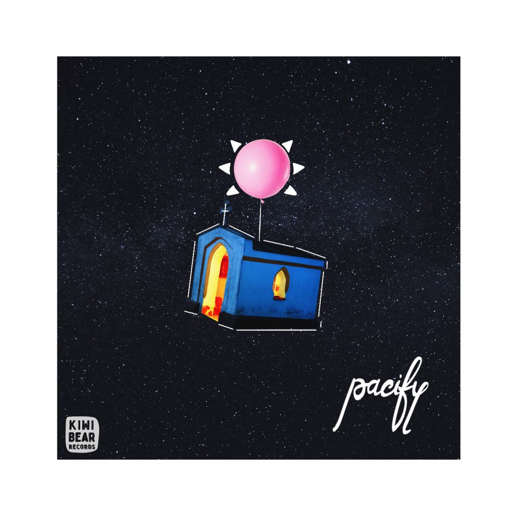 Cover art for pacify the latest dark-pop alt-R&B single from producer mystery_o which features the image of a church floating in space tied to a pink balloon.
