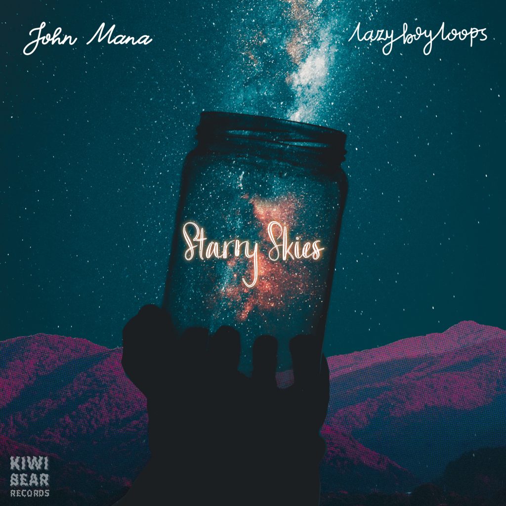 Cover art for the jazzy chillhop single Starry Skies by John Mana and lazyboyloops featuring an image of a starry sky with the milky way behind a jar being held up to the sky to make it look like the galaxy is in the jar.