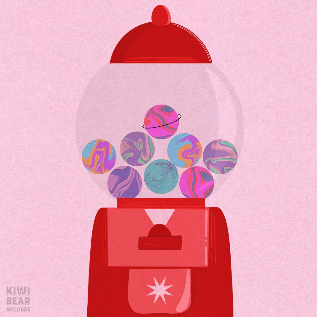 Cover art for the single Going Home by lofi hip-hop, chillhop producer lost.mindd. The cover features a pink background with an illustration of a gum ball machine with multi coloured planets within the glass ball.