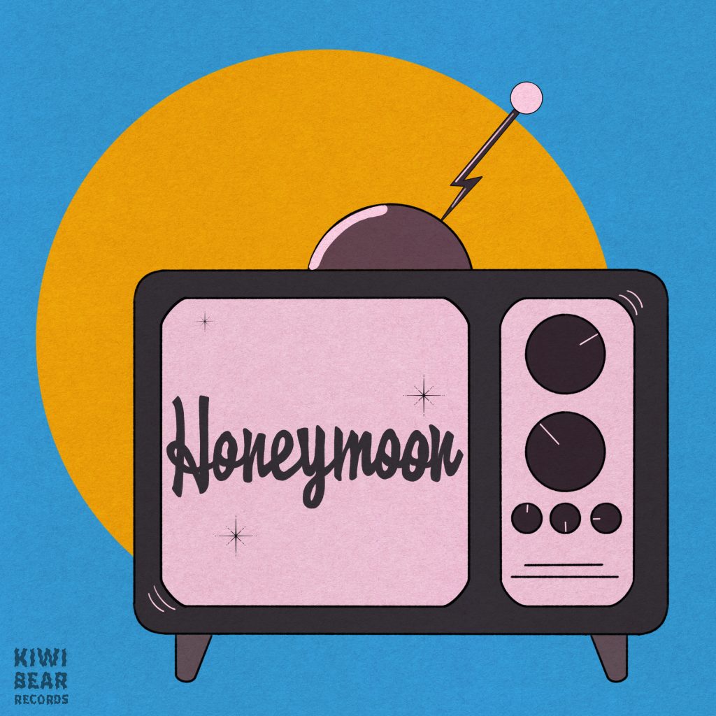 Artwork for the lofi hip-hop single Honeymoon by producers I'm.Busy and Nick Wolf. The cover features an orange sun on a blue background behind a 50s television with the words Honeymoon written on-screen.