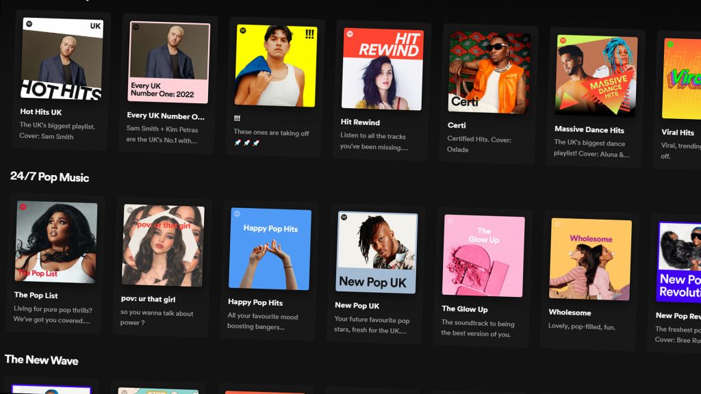 A screenshot of a number of pop playlists on Spotify. Playlists are becoming a vital part of any music release plan.